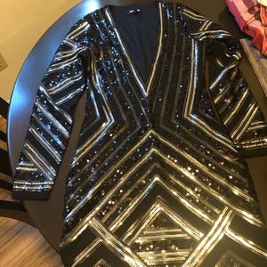 Black Sequin Long Sleeve Deep V Mini Bodycon Dress